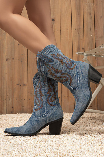 Bleu foncé veau large à bout pointu Talon épais Bottes de cow-girl brodées